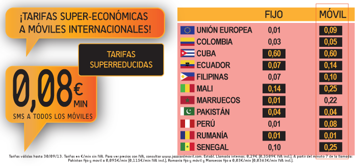 Tarifas internacionales Jazzcard movil